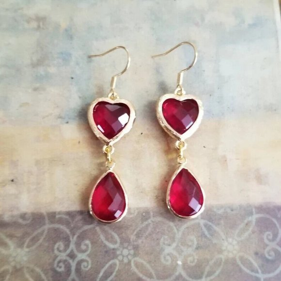 14k Gold Ruby Earrings Teardrop Heart Simulated Ruby Dangle Earrings Statement - Picture 4 of 5